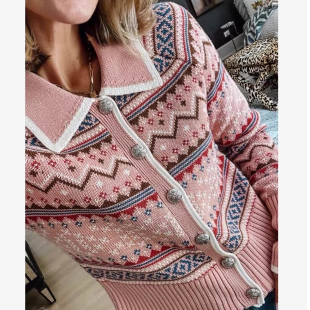 Veronica Beard Cheshire Intarsia Cardigan Rose Fair Isle Pink Knit Holiday - Picture 1 of 7